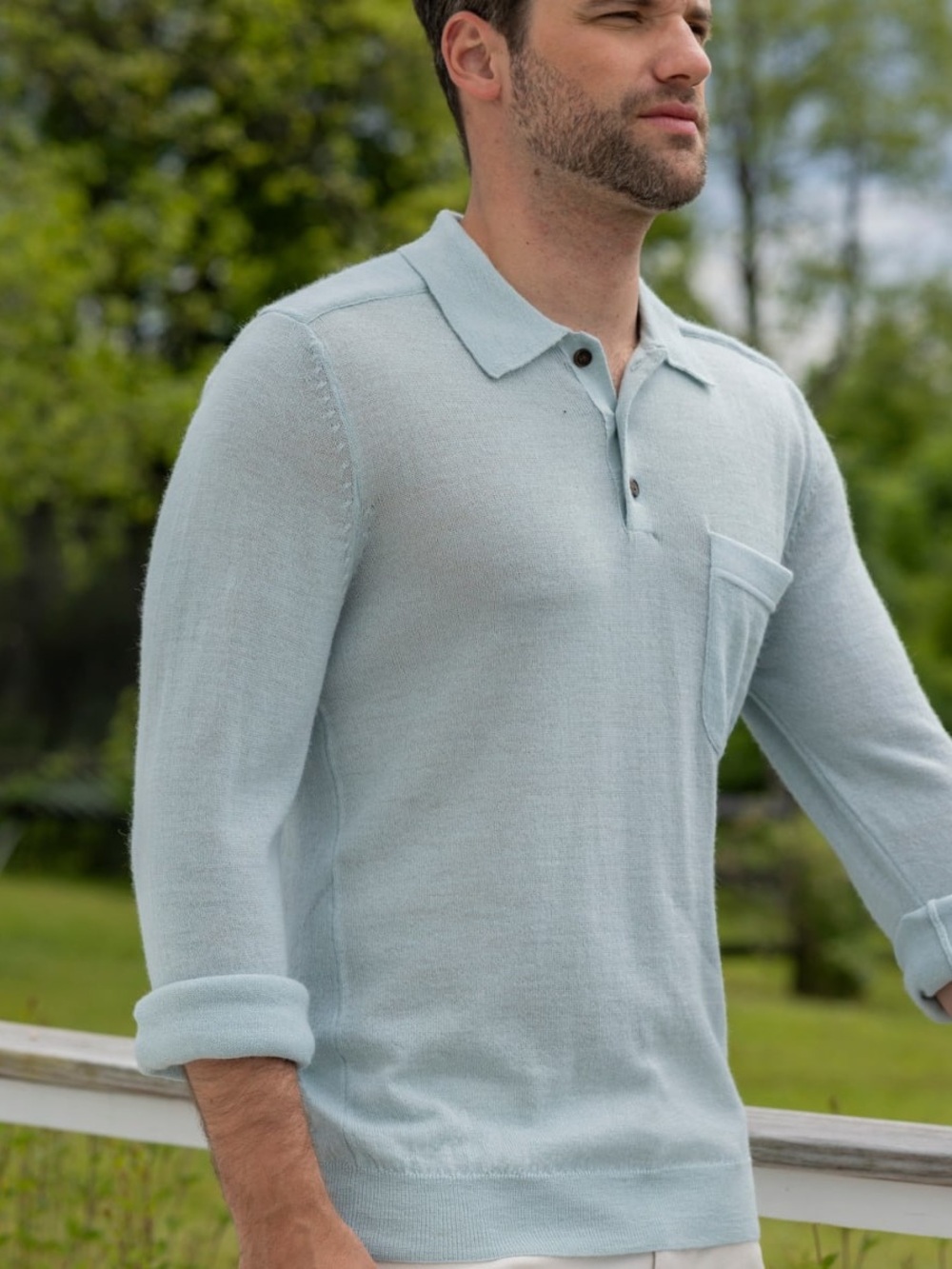 Men's Light Blue Long Sleeve Polo Knit Shirt